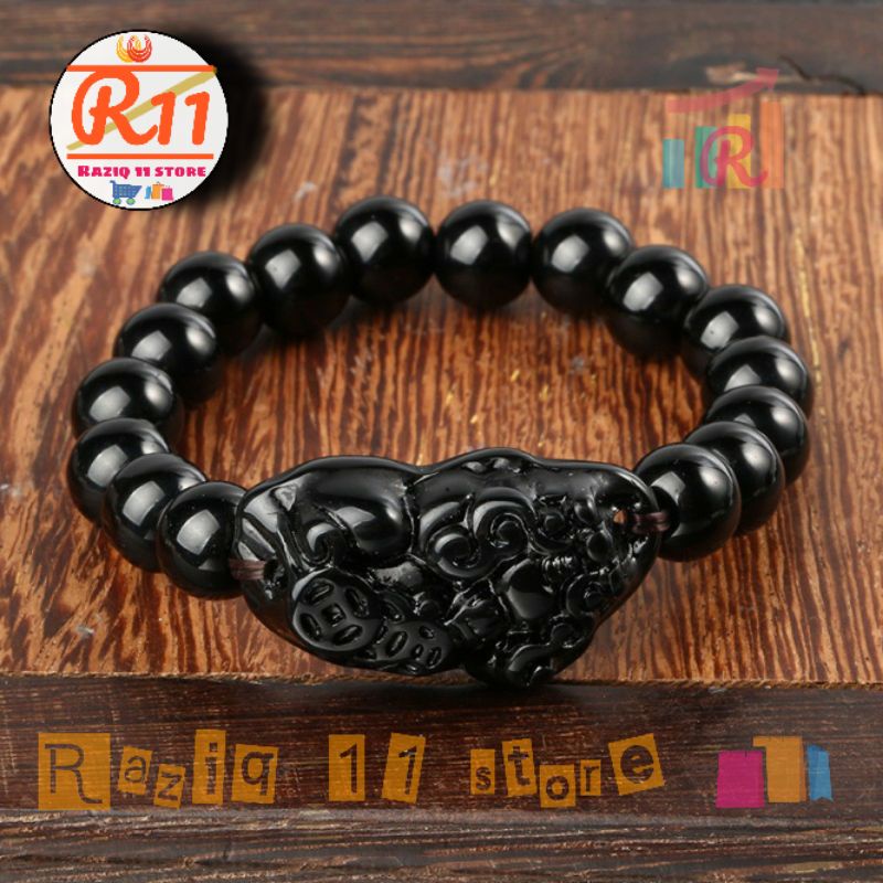 Gelang Batu Giok Hitam Black Jade China Bandul Pixiu 13mm