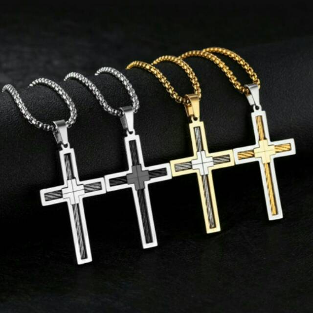 Kalung salib premium titanium model unik kumparan bolak balik