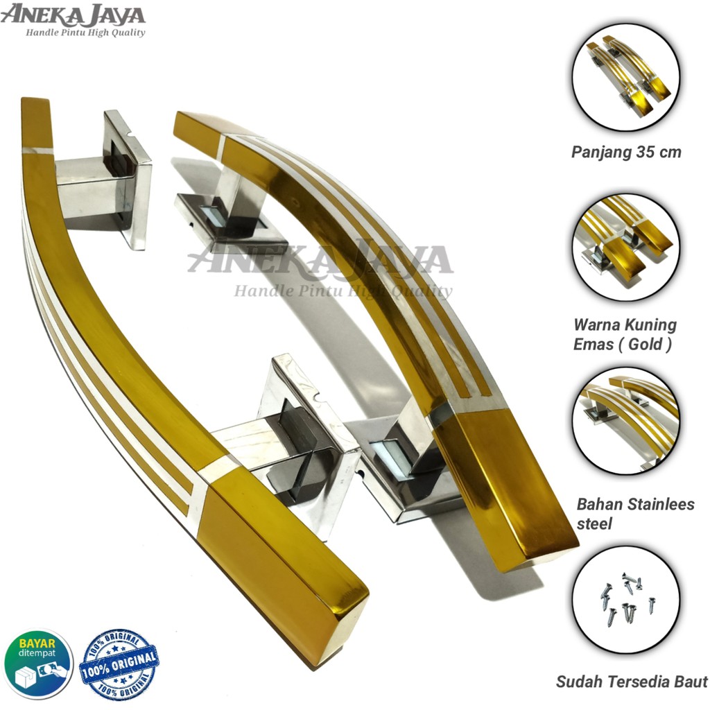 Gagang pintu rumah panjang 35 cm warna kuning emas / Handle Pintu rumah / Tarikan pintu rumah mewah