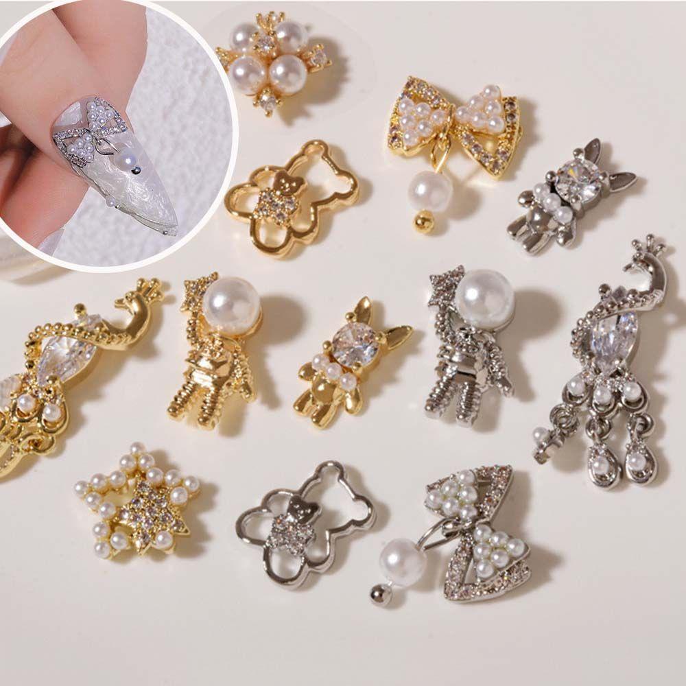 AUGUSTINA Agustin 3D Dekorasi Kuku Logam Shiny Pearl Pendant Gaya Jepang Berujung Lima Beruang Bintang DIY Perhiasan Nail Art