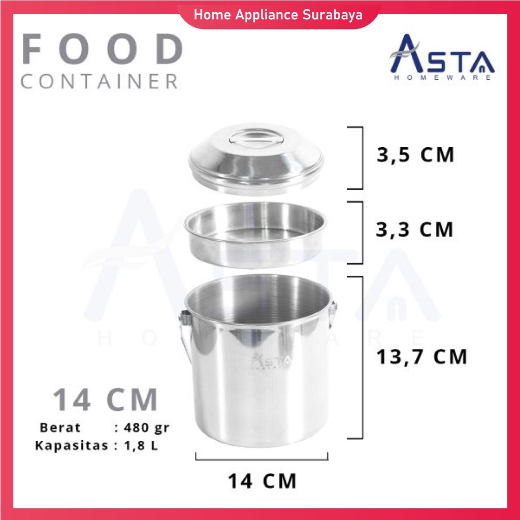 ASTA Food Container - Rantang Tunggal / Rantang Soto Stainless Steel Anti Karat 14CM / 16CM