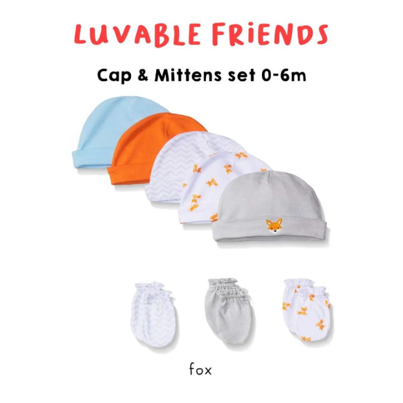 Luvable Friends 5-Pack Cap and 3-Pack Scratch Mitten Set / Topi Sarung Tangan Bayi