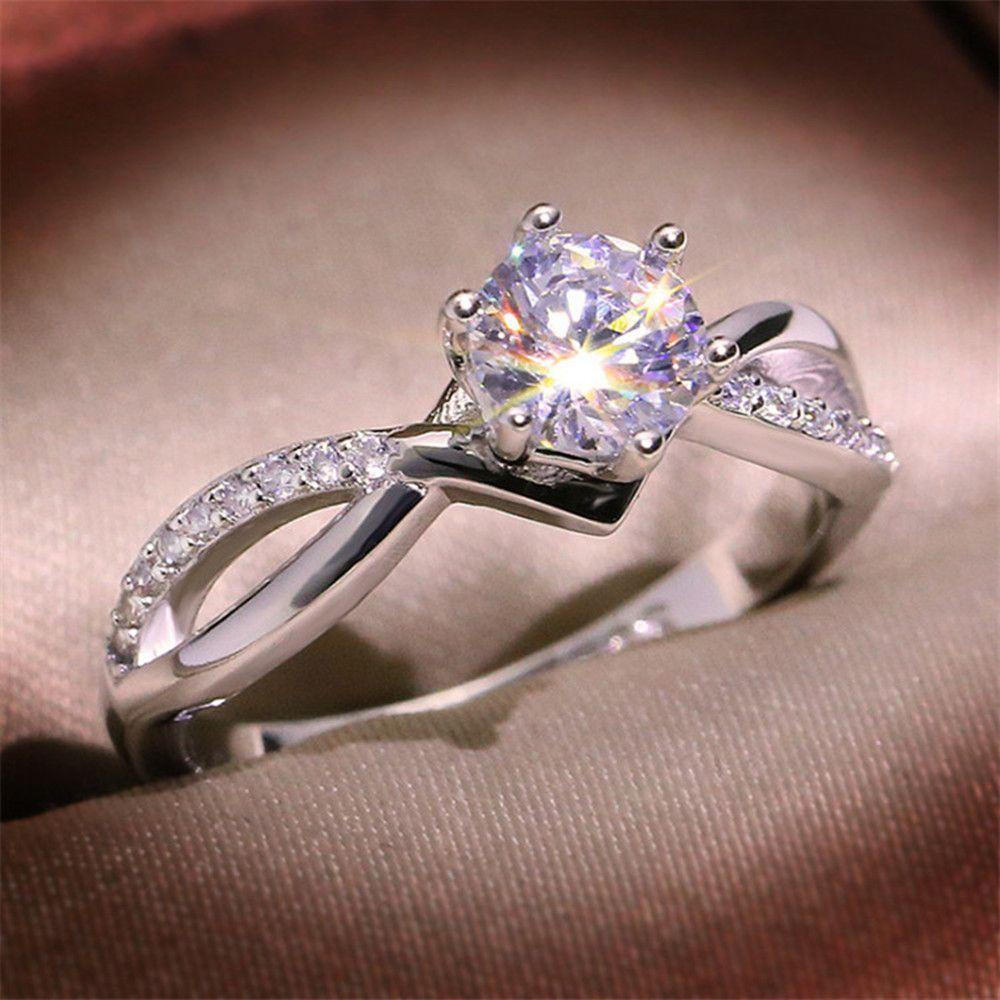 Cincin Kawin Berlian Nanas Bulat Wanita Klasik Paduan Ladies Ring