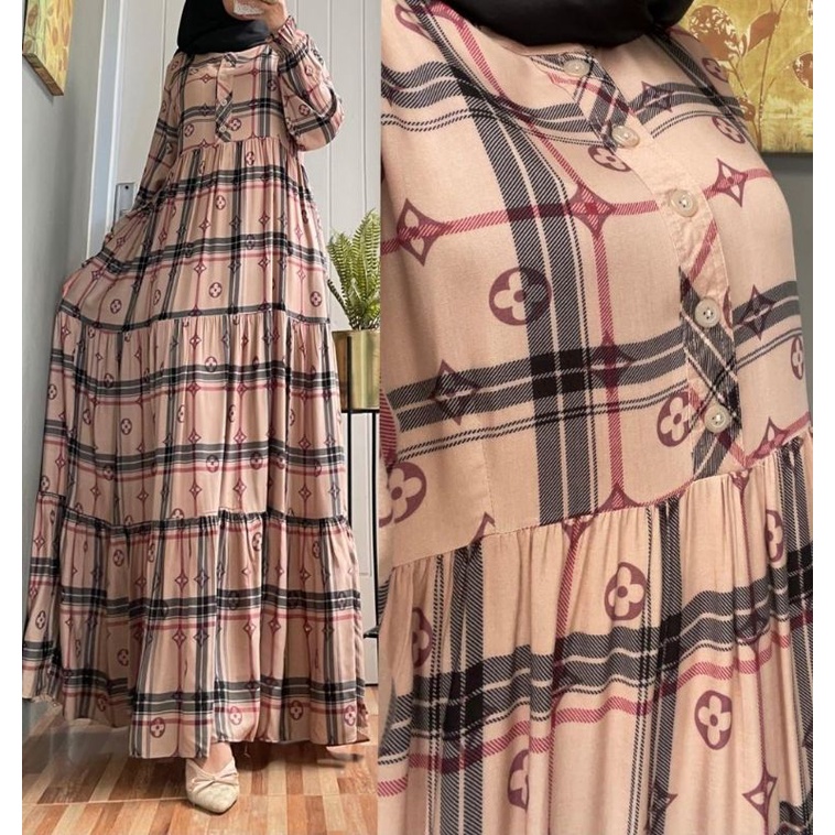 LV Maxy dress jumbo,gamis wanita susun,gamis tingkat,busui,menyusui