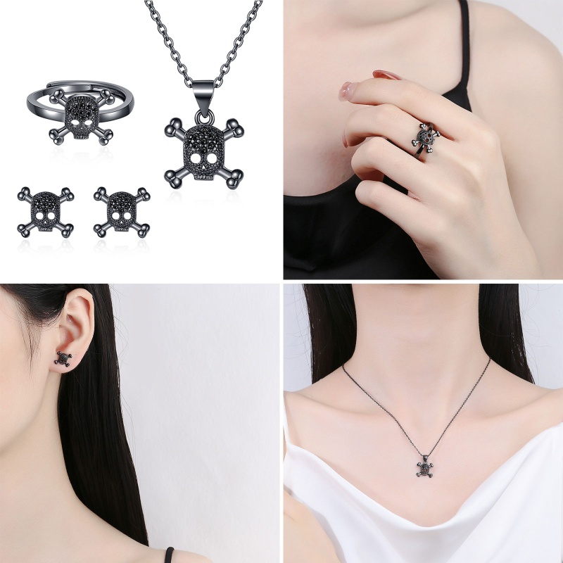 Zzz Set Kalung + Anting Tusuk + Cincin Gaya Korea Motif Tengkorak Untuk Perhiasan Wanita / Pesta Halloween