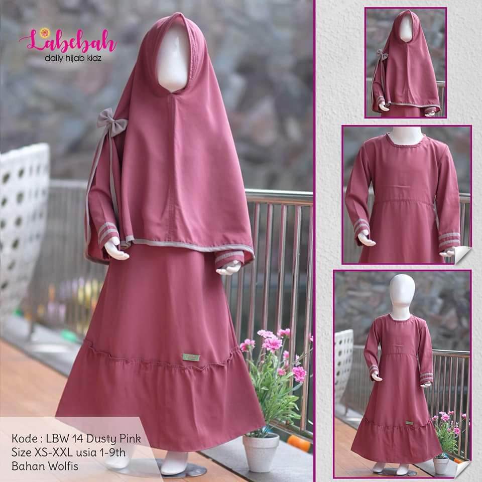Sale Baju Anak Muslim Labebah LBW14 Perempuan Gamis Lengan Panjang Warna Dusty Pink Set dengan Kerud