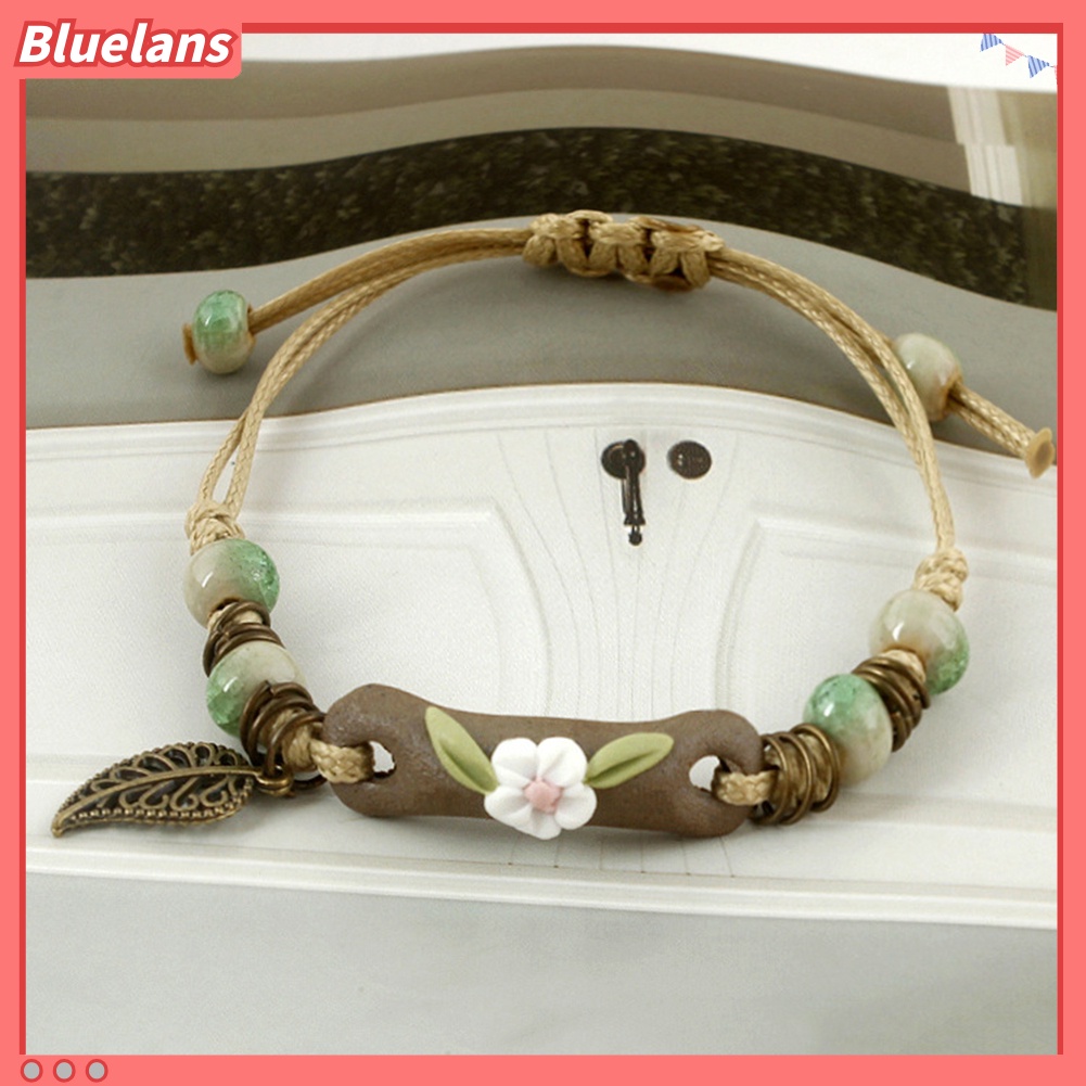 Bluelans Fashion Women Flower Leaf Porcelain Charm Woven Bracelet Adjustable Jewelry Gift