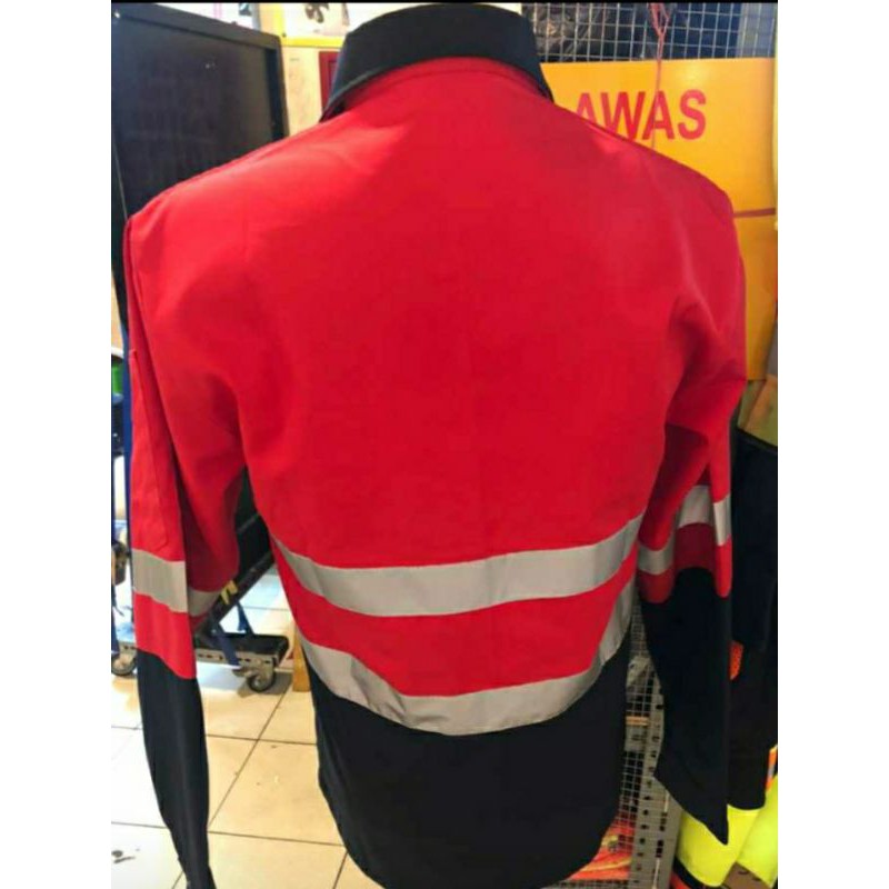SERAGAM SAFETY FREE LOGO K3 BENDERA MERAH KOMBINASI DONGKER KANCING KAIN DRILL WEARPACK ATASAN