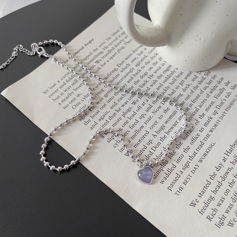Kalung Rantai Choker Liontin Manik-Manik Hati Warna Silver Untuk Wanita