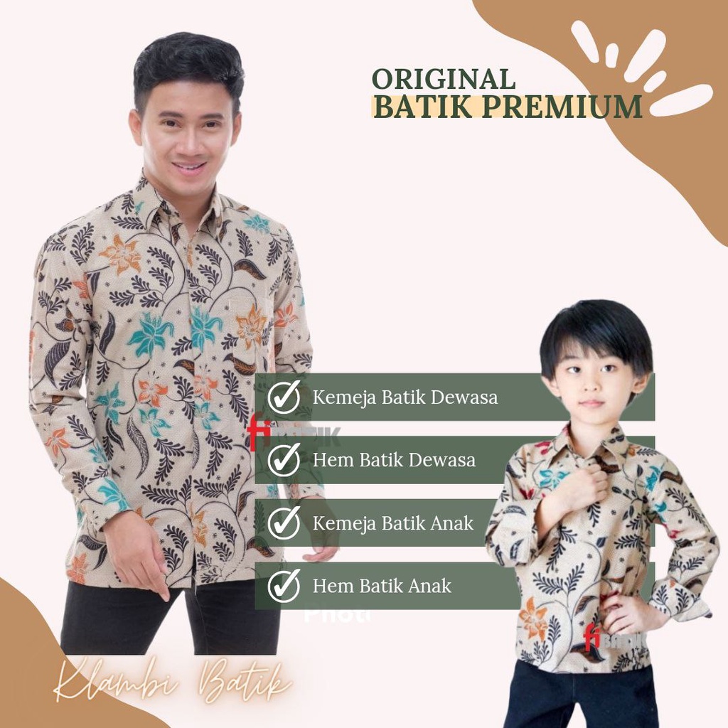 Kemeja Batik Pria Lengan Panjang Dan Pendek Couple Batik Ayah Anak Cowok Usia 3-13 Tahun Warna Krem Motif Teratai