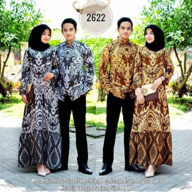 Jual batik sarimbit hem kemeja panjang hijab syari gamis cantik sogan lawasan kekinian couple