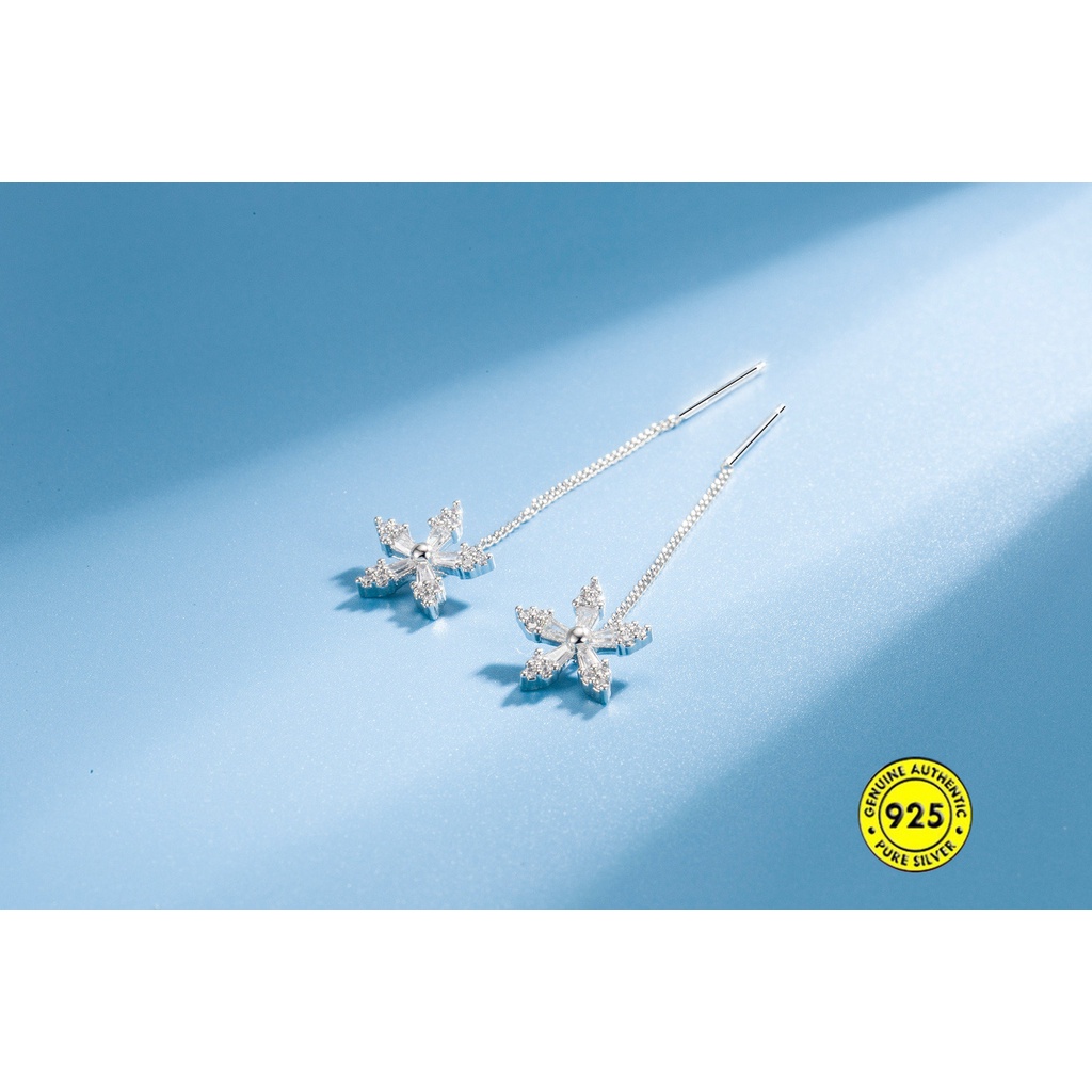 Anting Tusuk Gantung Panjang Sterling Silver 925 Desain Bunga Hias Kristal Untuk Wanita U937