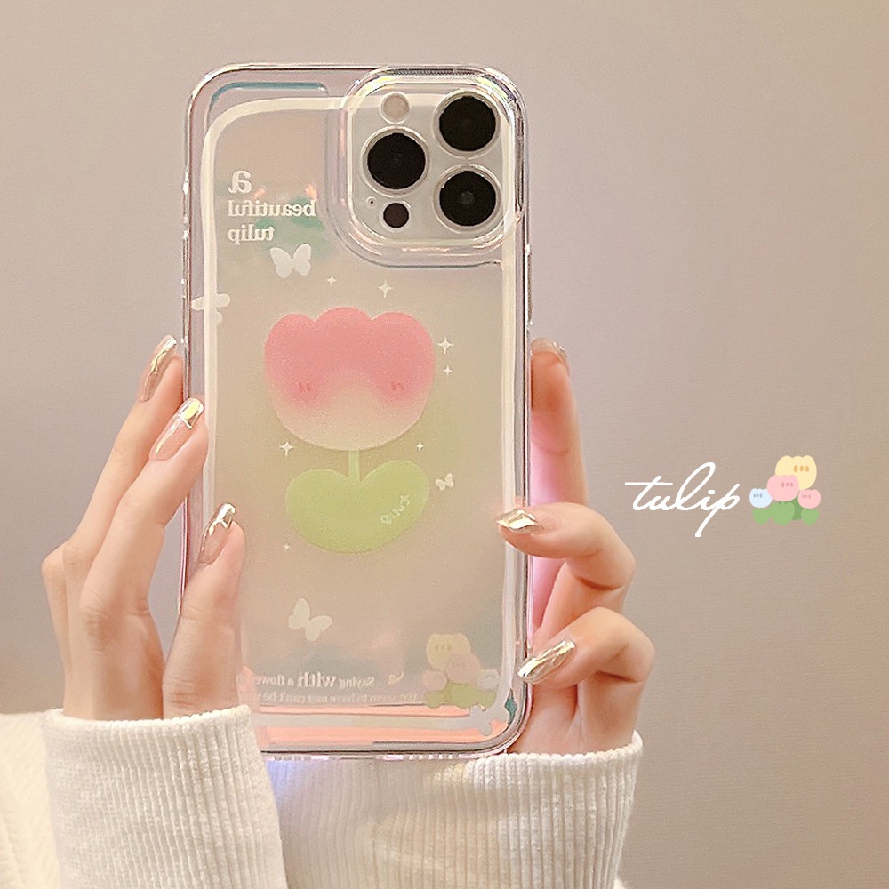 Case Pelindung Warna Pink Tulip Transparan Dengan Kartu Laser Untuk Iphone 11 8 7 Plus SE2 XS XR 12 13 Mini PRO MAX