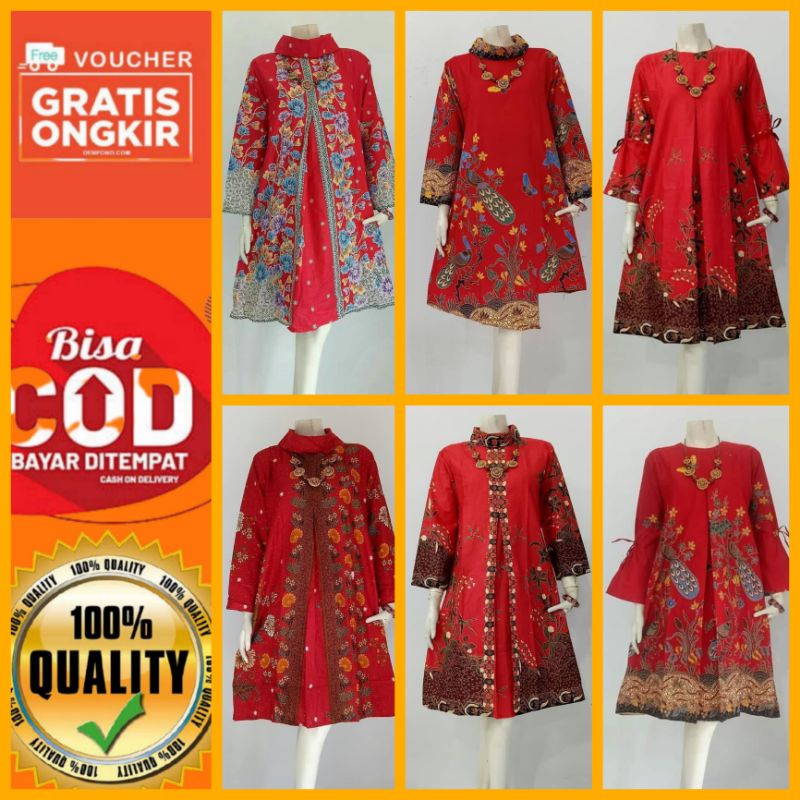 TUNIK BATIK UNGGUL JAYA WARNA MERAH / BATIK ATASAN WANITA WARNA MERAH / UNGGUL JAYA CIBULAN SANTOSO
