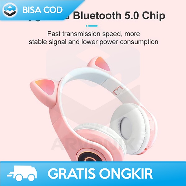 HEADPHONE LUCU HEADSET BLUETOOTH TELINGA KUCING 400MAH 10 METER PINK