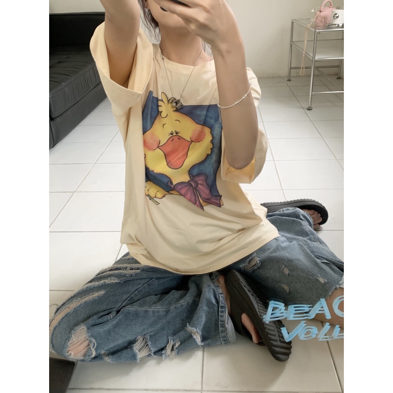 [100%  Katun]Yellow Duck Cartoon Kaos Cream Atasan Wanita Lengan Pendek Oversize Printed T-shirt Baju Wanita Kekinian Korean Style