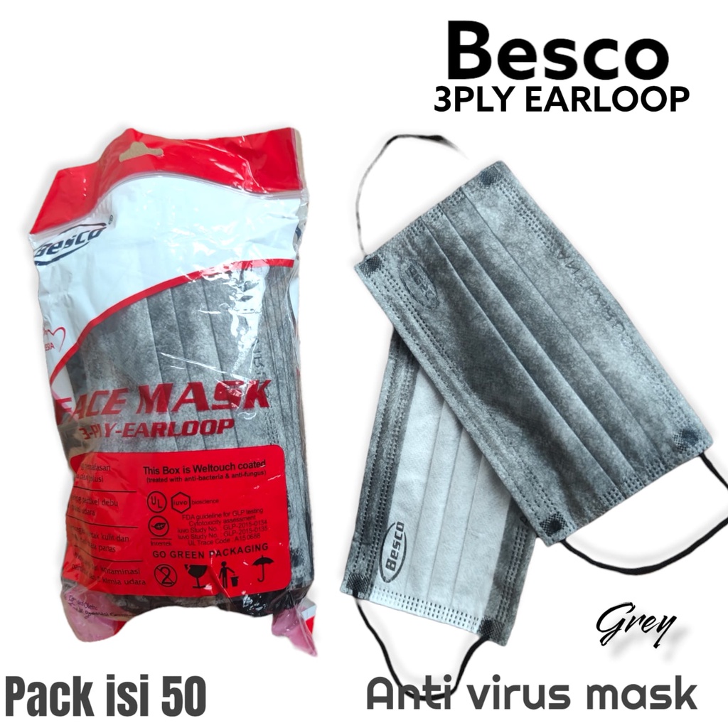 BESCO - MASKER 3PLY ANTI VIRUS TEBAL MEDICAL GRADE Earloop BOX ISI 50pcs  KEMENKES - BIRU HIJAU WRN