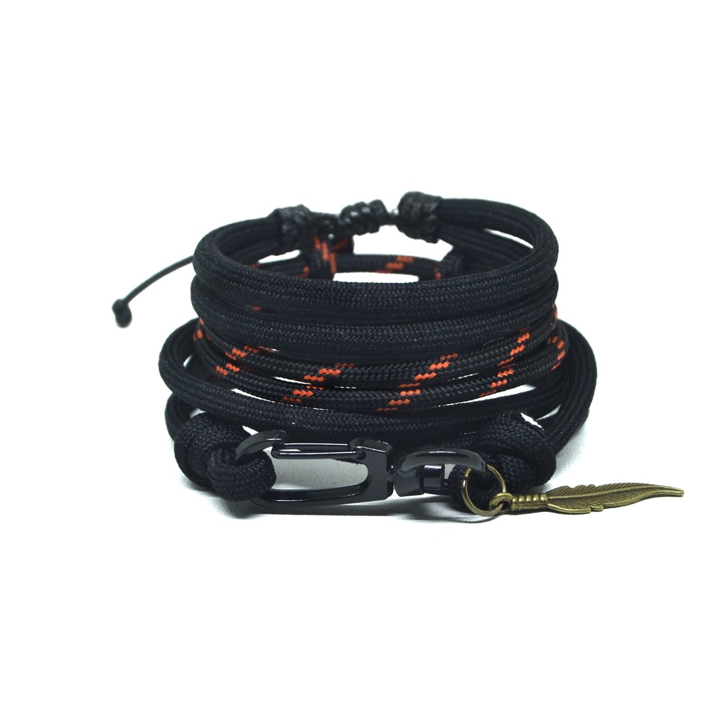 Gelang Set Pria Keren Paracord Jangkar Hitam Orange Charm Feathers