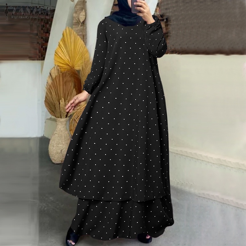 ZANZEA Women Elegant Polka Dot Long Sleeve O-neck Ruffle Muslim Maxi Dress