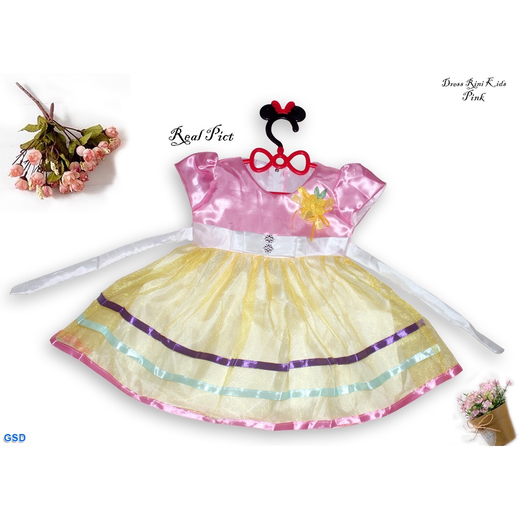 Rini Kids/ Gaun Baju Ulang Tahun Terusan Dress Pesta Anak - Anak Bahan Saten Kombi Sifon Untuk Umur 1 Tahun Sampai 2 Tahun