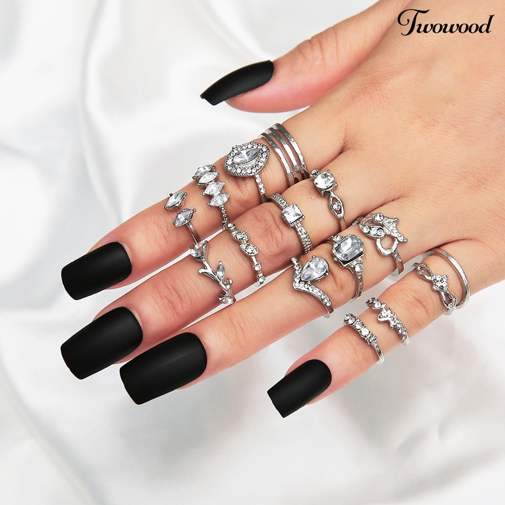 15pcs Cincin Jari Model Hollow Out Warna Silver Untuk Wanita