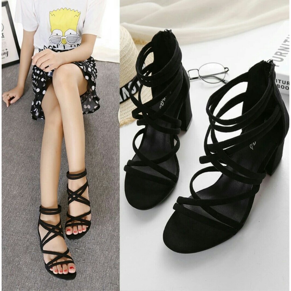 Tjhay® Inspire High Heels Korea Hak Tahu Tinggi Pesta Modis Trendy Model Tali Panjang Warna Hitam