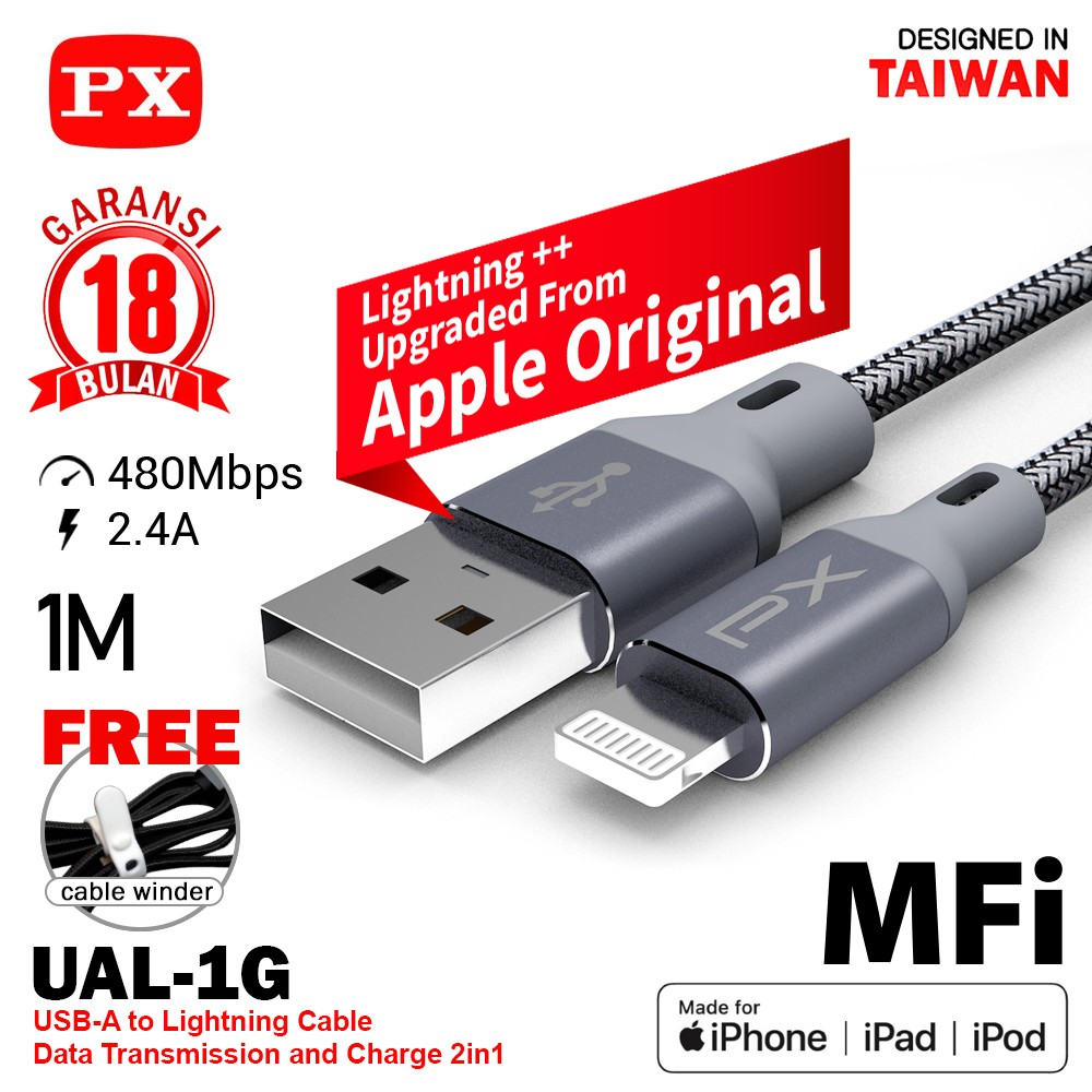 Kabel Charger Lightning to USB A MFi IPhone Ipad 1 Meter PX UAL-1G