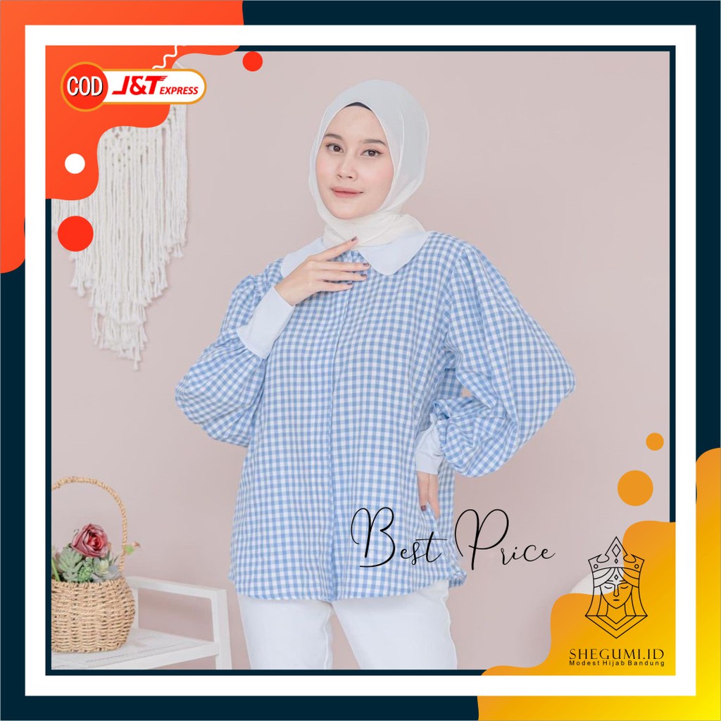 Blouse Balon Wanita Motif Kotak-kotak Like Korean Tops