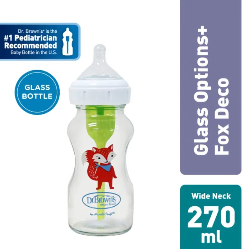 Dr Brown's WB91622 Glass Wide Neck Options+ Bottle with Fox Deco Botol Susu Kaca [9oz/270 mL]