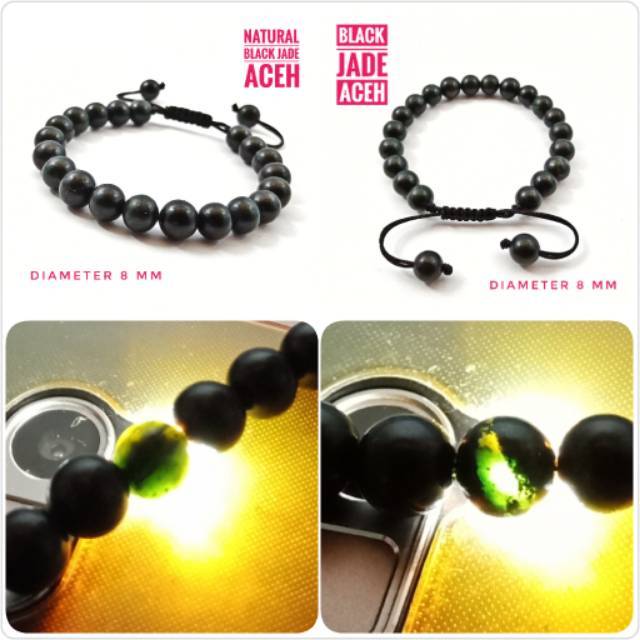 Gelang Terapi Kesehatan Natural Black Jade Aceh Dim 8 Mm Model Tali Serut Shambala