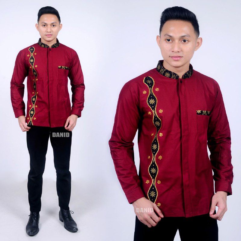 Baju Koko Muslim Pria Terbaru 2022 Baju Koko Bordir Kombinasi Batik Lengan Panjang Kemeja Koko JL002 ANS