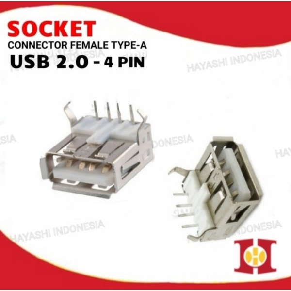 Socket Konektor Soket USB 2.0 Type A Female 4Pin PCB Mount Tekuk 90 - 30pcs