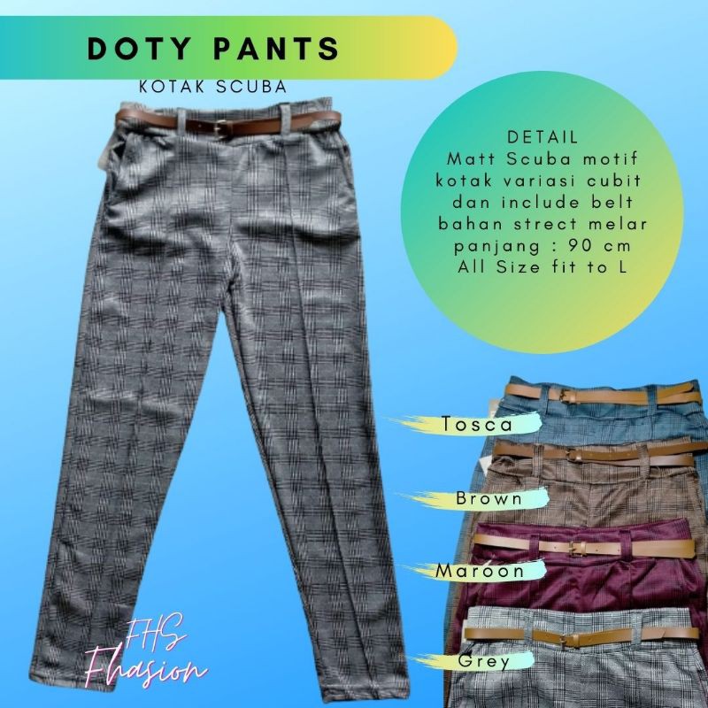 Celana Panjang Wanita Doty Pants Luna Bahan Scuba Celana Slim Celana Motif Kotak