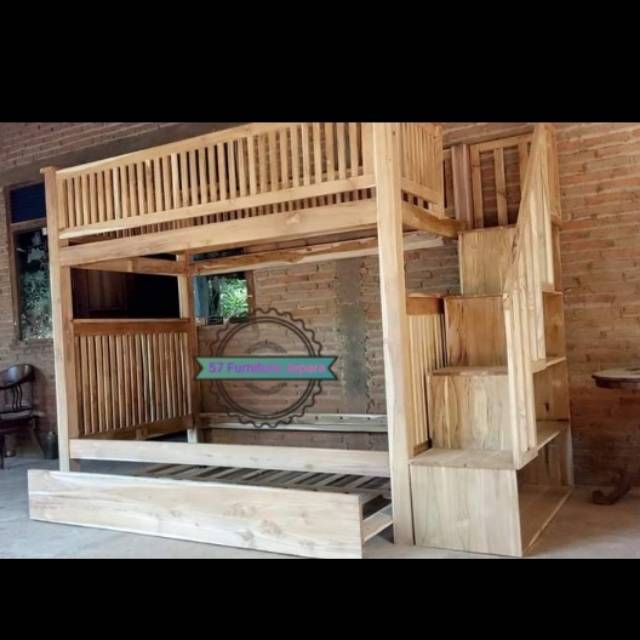 Tempat tidur dipan jati tingkat 3 ukuran 200x120cm tangga laci mentahan