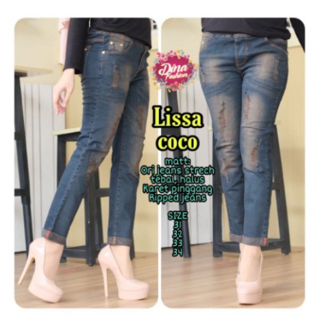 Lissa jeans sobek tidak tembus bahan melar pinggang karet [TNTI]