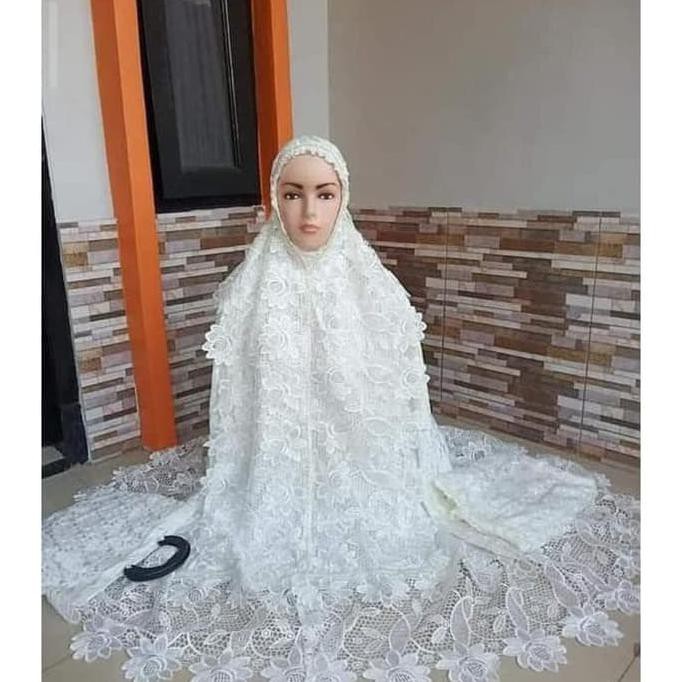 Ori&Terjamin Mukena Sutra Paris Asli-Mukena Renda Bunga-Mukena Prada-Mukena Jumbo - Putih