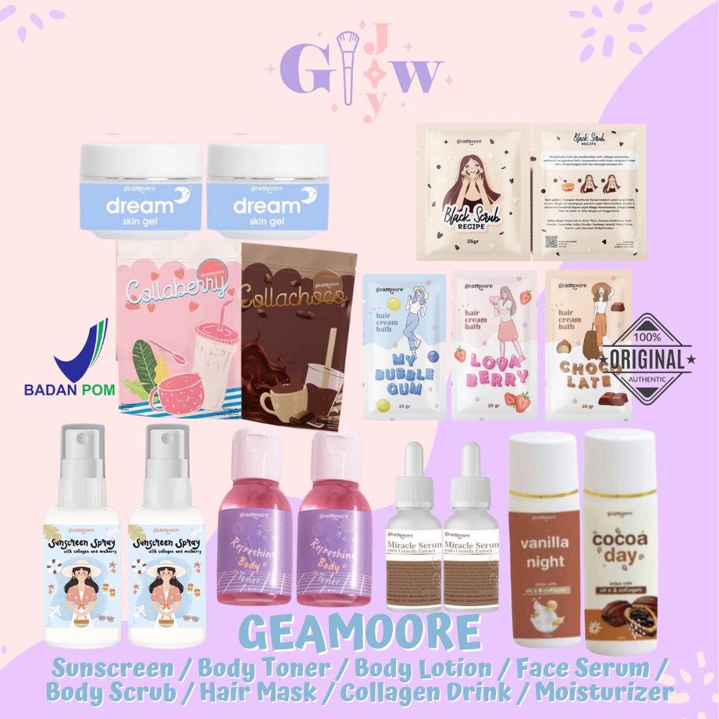 GEAMOORE dream skin gel / body lotion / black scrub / body toner / sanspray / sunscreen / hair mask / collagen collaberry collachoco / hair mask / bubble gum miracle serum wajah tubuh body face vitamin cocoa vanilla day night lovaberry murah bpom viral