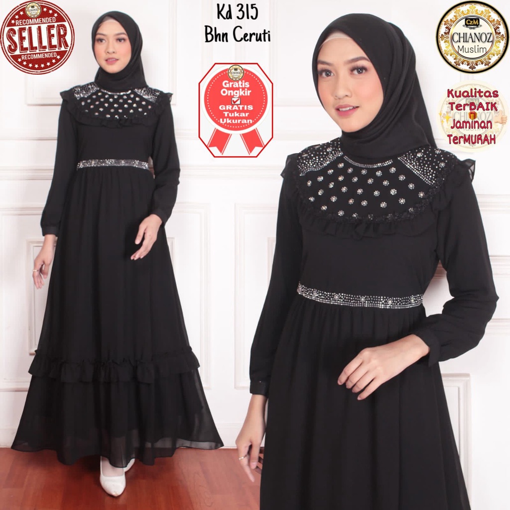 CHIANOZ Gamis Hitam Mewah Kirana Dress Brukat Renda Baju Lebaran Umroh Haji Manasik Pesta Akad 315