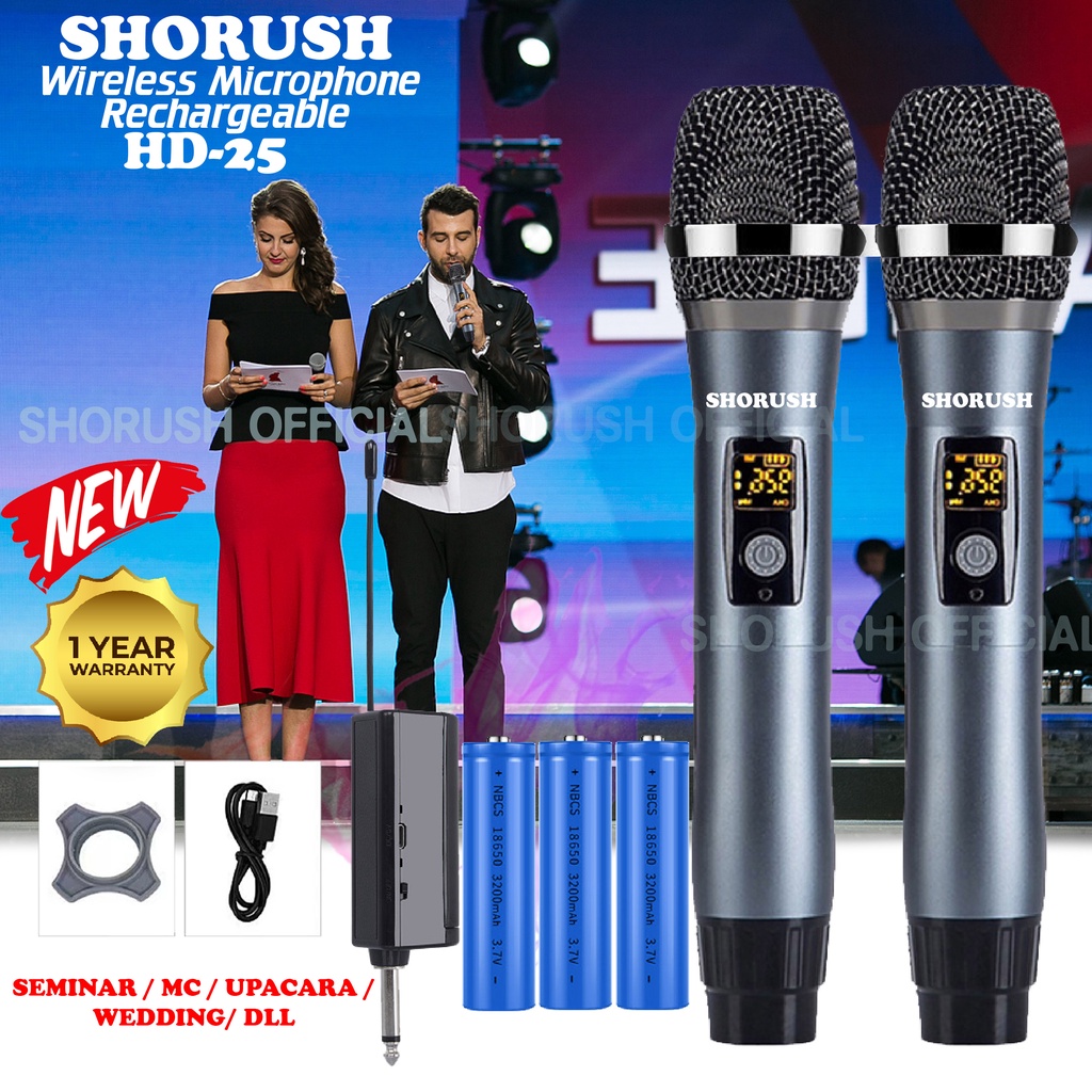 Shorush HD25 Microphone Mic Handheld Wireless UHF Rechargeable Profesional Vlog 2 orang Live Streaming HP Broadcasting Mixer Podcast Youtube Karaoke Smule