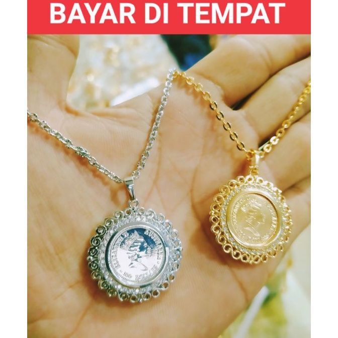 PROMO,,,, PERHIASAN TITANIUM WANITA DEWASA DAN REMAJA KALUNG LIONTIN KOIN UKIR LAPIS EMAS 24 K ANTI KARAT TERSEDIA WARNA GOLD DAN SILVER