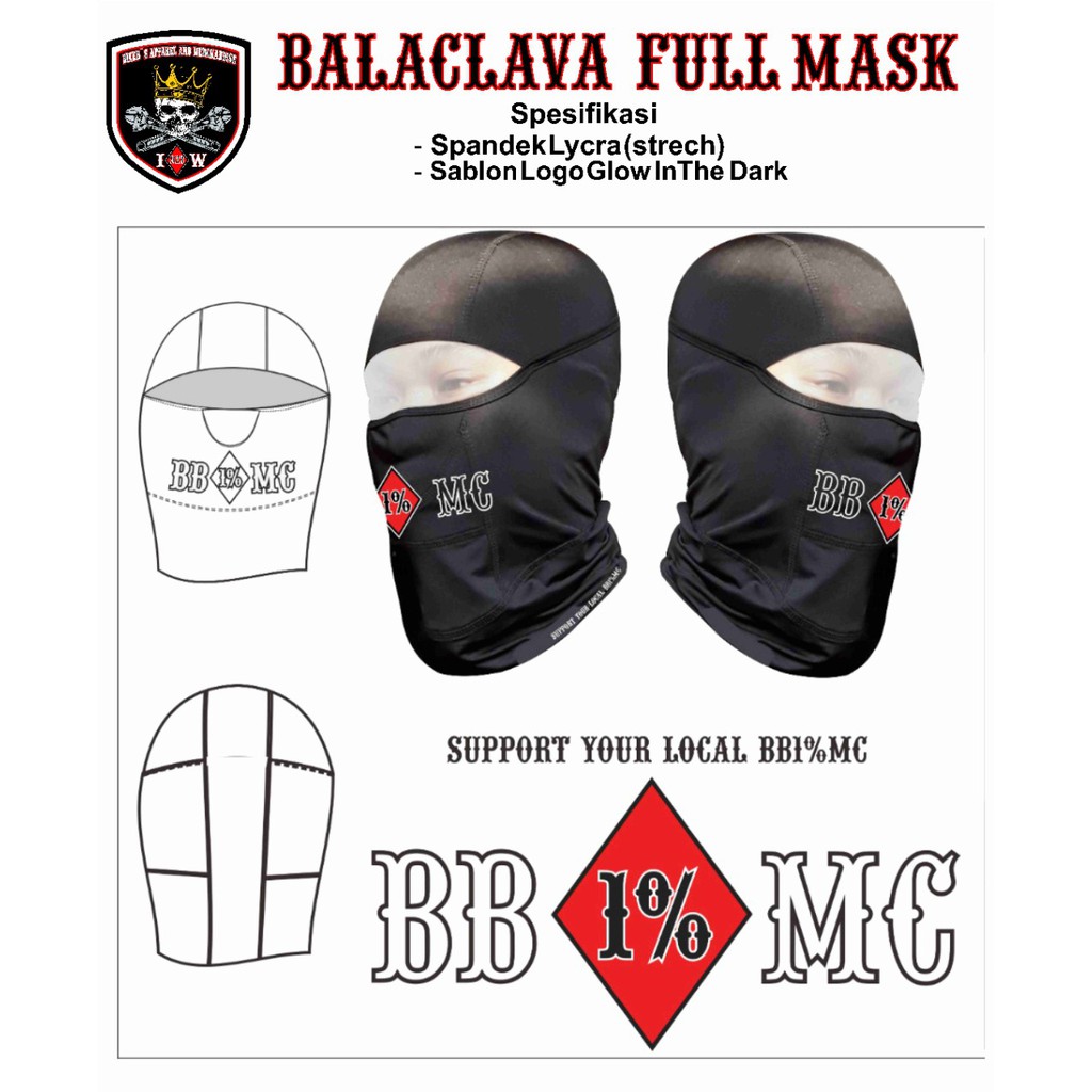 BALANCLAVA FULL MASK BIKERS BROTHERHOOD 1% MC ORIGINAL FREE STICKER