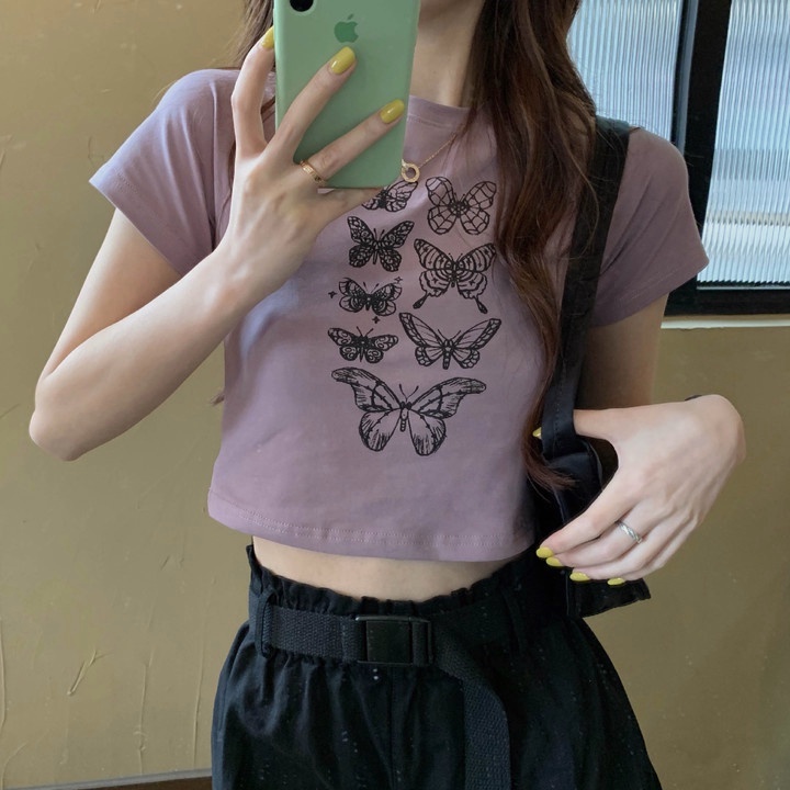 yikoo-t-shirt motif kupu-kupu korea lengan pendek crop top wanita ramping