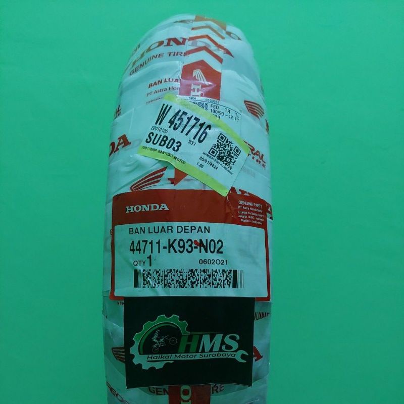 BAN AHM FEDERAL 100/90 - 12 DEPAN TUBELESS ORIGINAL 44711K93N02