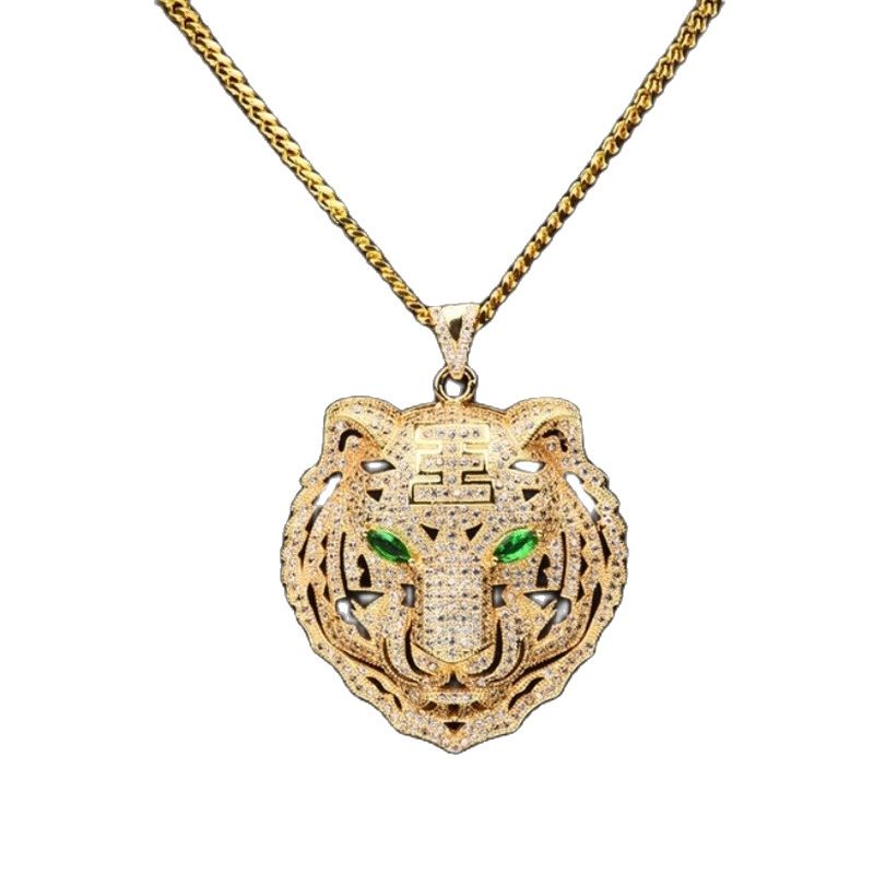 Kalung Liontin Wajah Harimau Tiga Warna Gaya Hip-Hop Untuk Pria
