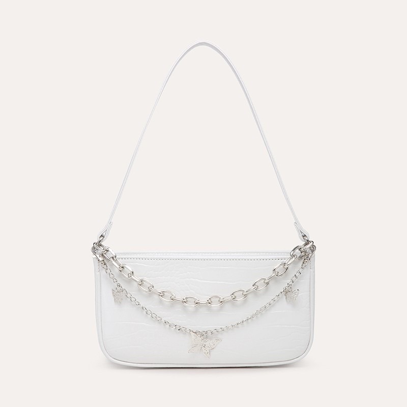 KKV - JM Tas Bahu Wanita Kulit Putih Motif Crocodile Pattern Butterfly Chain Shoulder Bag