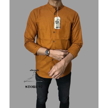 Baju Kemeja Pria Polos Kerah Sanghai Bahan Cotton Kemeja Pria Lengan Panjang  KUNING