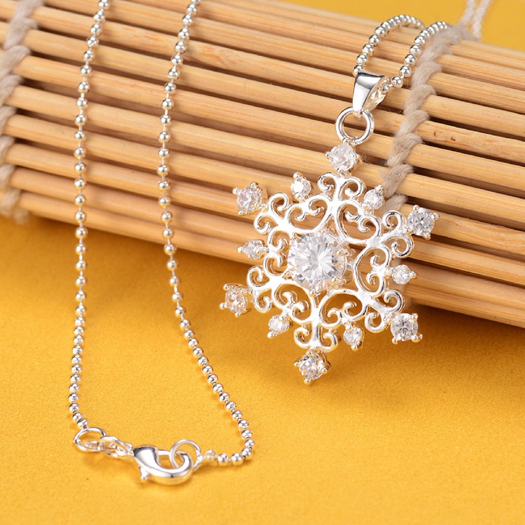 Kalung Rantai Lapis Silver 925 Liontin Snowflake Hias Cubic Zirconia Untuk Wanita