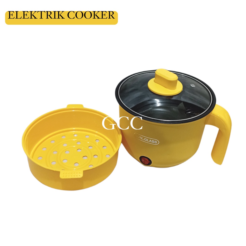 A1 Panci Sop Elektrik Serbaguna Teflon Anti Lengket Dengan Steamer Dan Tutup Kaca Diameter 18cm