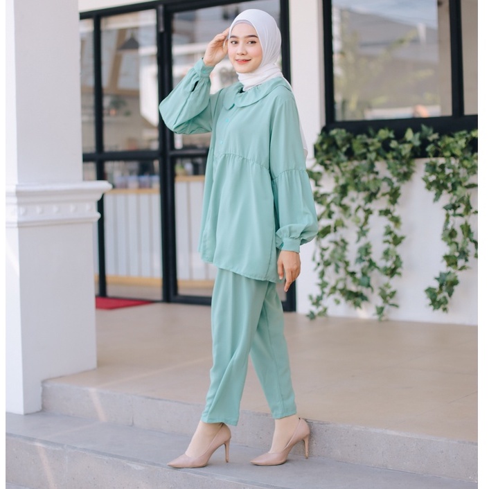 (DBY) ONE SET POPPY BONDA TUNIK SET REMPEL ATASAN OVERSIZE WOLFIS