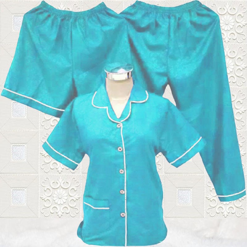 ISANNY PIYAMA SET 3IN1 SIZE.XL/PIYAMA SATIN EMBOS 3 IN 1/WARNA TERBANYAK/READY STOK/REAL PICT-TOSCA MUDA